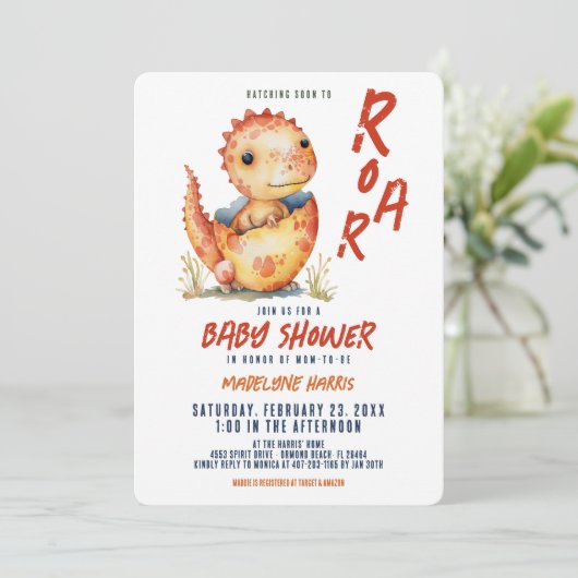 Invitation Hatching Bientôt to Roar Dinosaur Egg Baby (Debout devant)