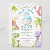 Invitation Hatching Soon Boy Dinosaur Baby Shower (Devant)