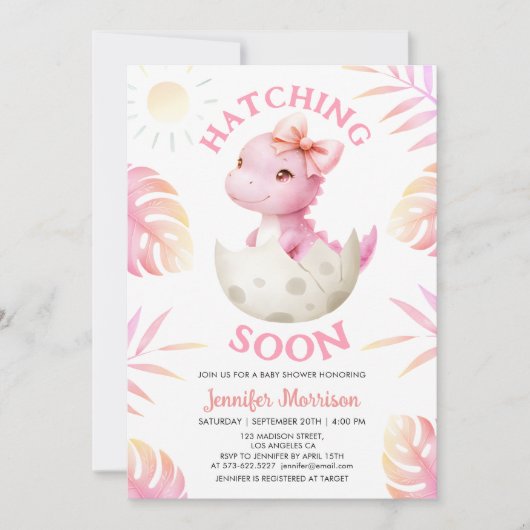 Invitation Hatching Soon Girl Dinosaur Baby Shower Cute Pink (Devant)
