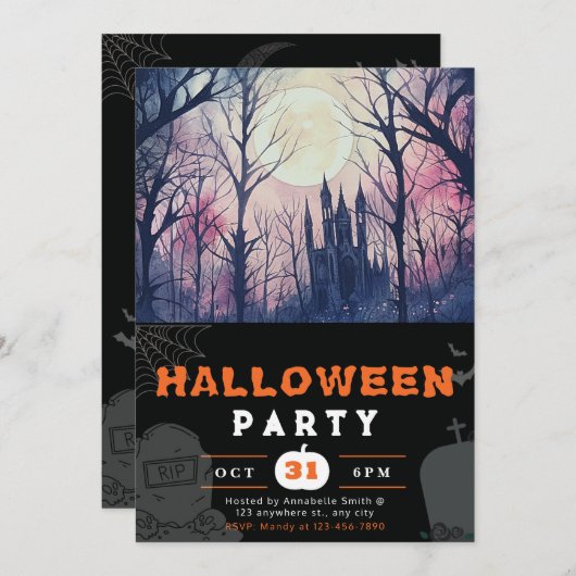 Invitation Hauné Château Pleine lune Ciel rose Noir Halloween (Devant / Derrière)