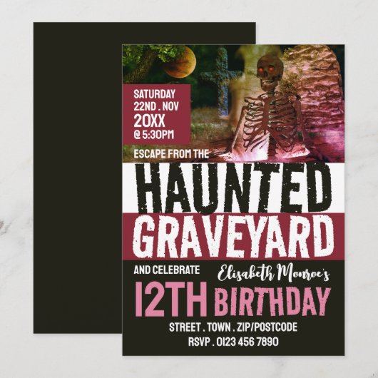 Invitation Hauné Graveyard Thème Escape Room Anniversaire (Devant / Derrière)