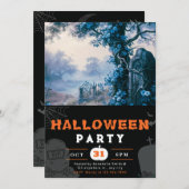 Invitation Hauning Graveyard Blue Flowers Halloween (Devant / Derrière)