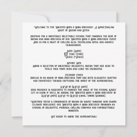 Invitation 👻 🍺 "Haunted Hops & Hors d'oeuvres" 🍺 👻 (Dos)