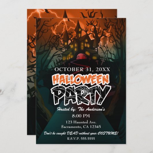 Invitation Haunted House Graveyard Halloween Party (Devant / Derrière)