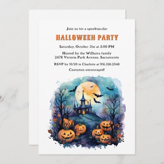 Invitation Haunted Mansion Moon Bats Citrouille Halloween Par (Devant / Derrière)
