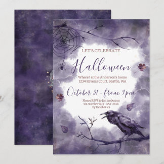 Invitation Hauntingly Beauty Purple Raven Halloween Party
