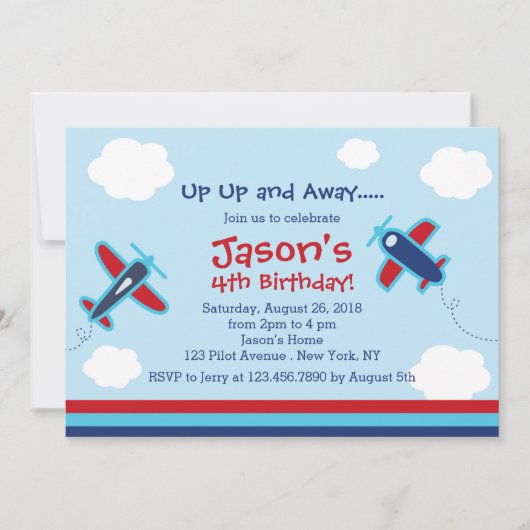 Invitation HAUT et Away Airplane fête d'anniversaire I (Devant)