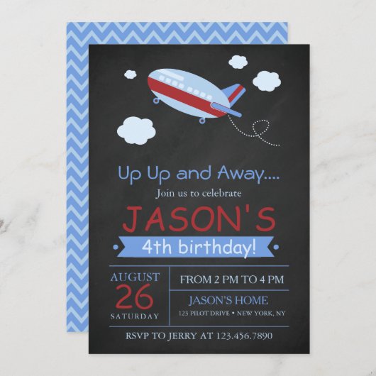 Invitation Haut et loin mignon avion chalkboard anniversaire (Devant / Derrière)