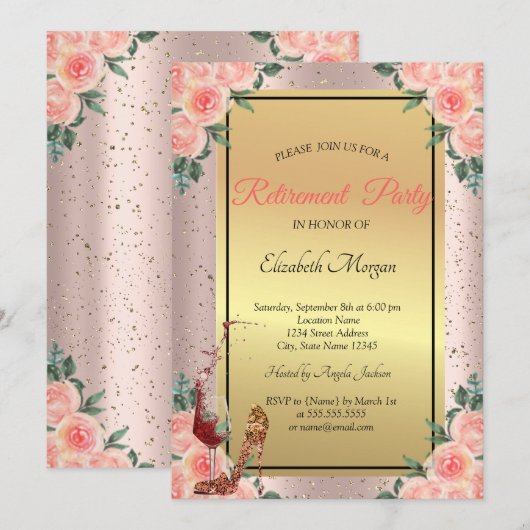 Invitation Haut talon, Verre, Floral Rose Gold Retraite (Devant / Derrière)