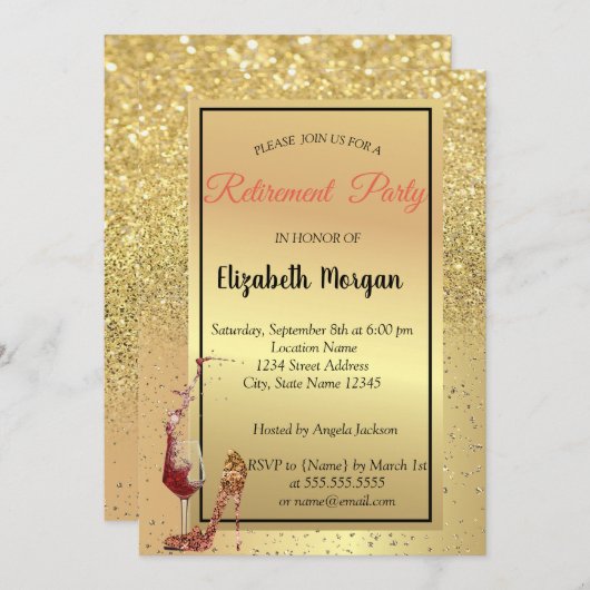 Invitation Haut talon, Verre, Rouge, Parties scintillant d'or (Devant / Derrière)