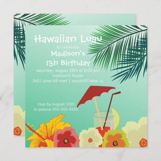 Invitation hawaïenne de fête d'anniversaire de (Devant / Derrière)
