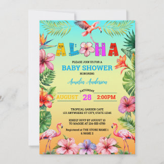Invitation Hawaii Aloha Baby shower de Flamant rose tropical