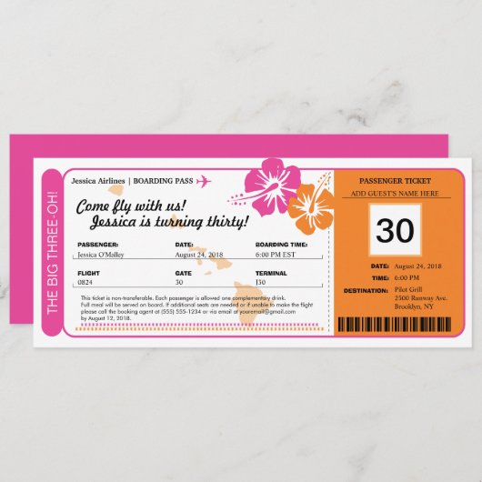 Invitation Hawaii Birthday Boarding Pass (Devant / Derrière)