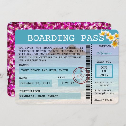 Invitation Hawaii Mariage Boarding Pass (Devant / Derrière)