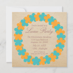 Invitation Hawaiian Lei Luau Party, Aqua & Orange