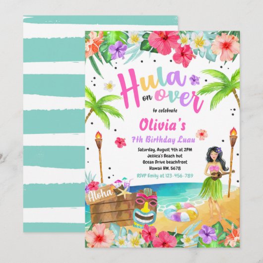 Invitation Hawaiian Luau Anniversaire Fête Tropicale Annivers (Devant / Derrière)
