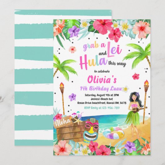 Invitation Hawaiian Luau Anniversaire Fête Tropicale Annivers (Devant / Derrière)