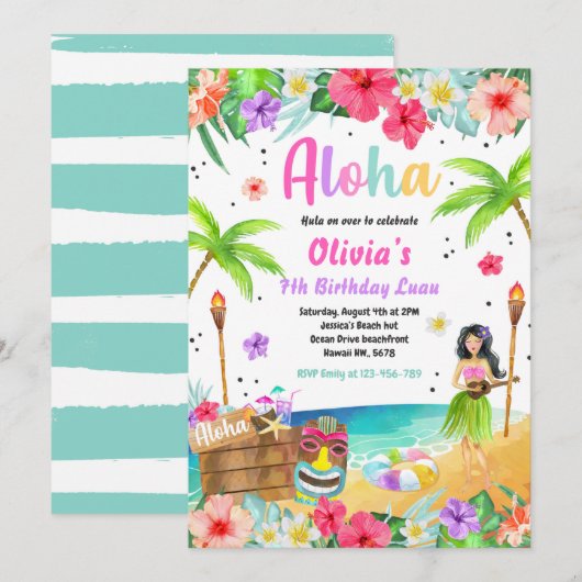 Invitation Hawaiian Luau Anniversaire Fête Tropicale Annivers (Devant / Derrière)