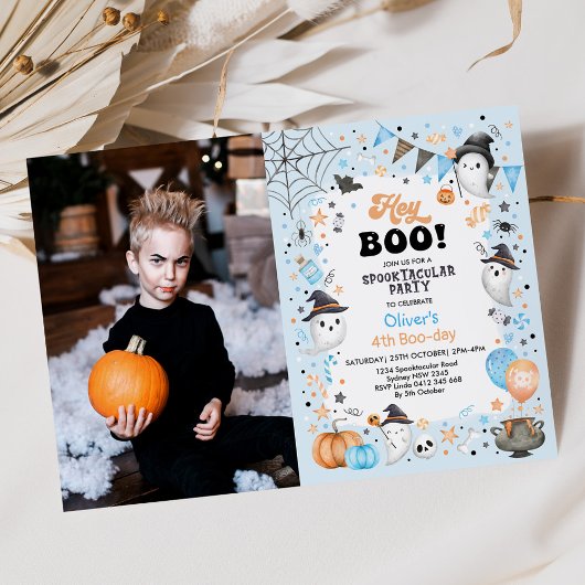 Invitation Hé Boo ! Blue Halloween Ghost Boy Anniversaire
