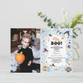 Invitation Hé Boo ! Blue Halloween Ghost Boy Anniversaire (Debout devant)