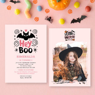 Invitation Hé Boo ! Fête d'anniversaire d'Halloween rose mign