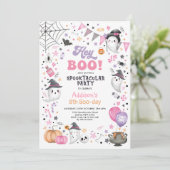 Invitation Hé Boo ! Pink Lilac Halloween Fantôme Fille Annive (Debout devant)