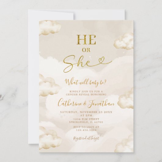 Invitation He Or She Boho Beige Clouds Gold Gender Reveal (Devant)