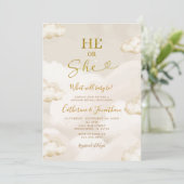 Invitation He Or She Boho Beige Clouds Gold Gender Reveal (Debout devant)