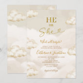 Invitation He Or She Boho Beige Clouds Gold Gender Reveal (Devant / Derrière)