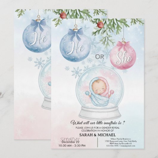 Invitation He or She? Festive Christmas Gender Reveal Party (Devant / Derrière)
