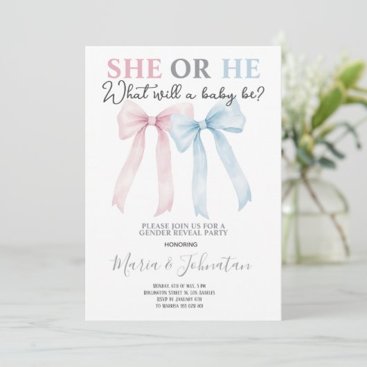 Invitation He or She Pink Blue Bow Baby Gender Reveal (Debout devant)