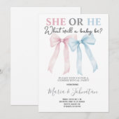 Invitation He or She Pink Blue Bow Baby Gender Reveal (Devant / Derrière)