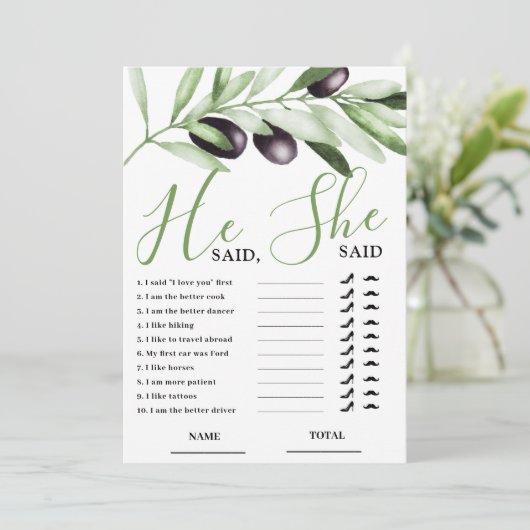 Invitation He said She Said Olive Branch Bridal Shower Card (Debout devant)
