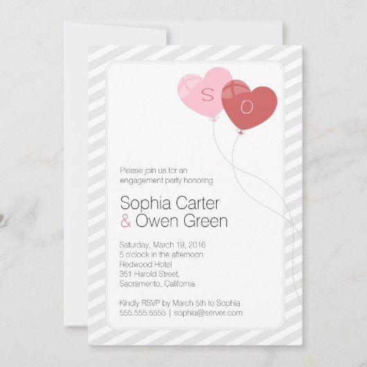 Invitation Heart Balloons, parti d'engagement unique (Devant)