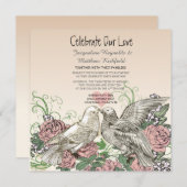 Invitation Heart Doves Rose Rose Romance Mariage (Devant / Derrière)