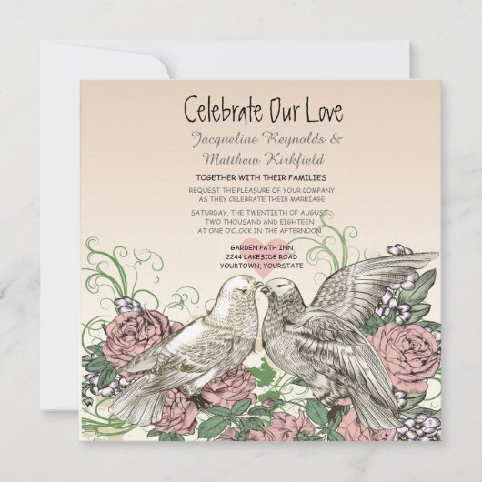 Invitation Heart Doves Rose Rose Romance Mariage (Devant)