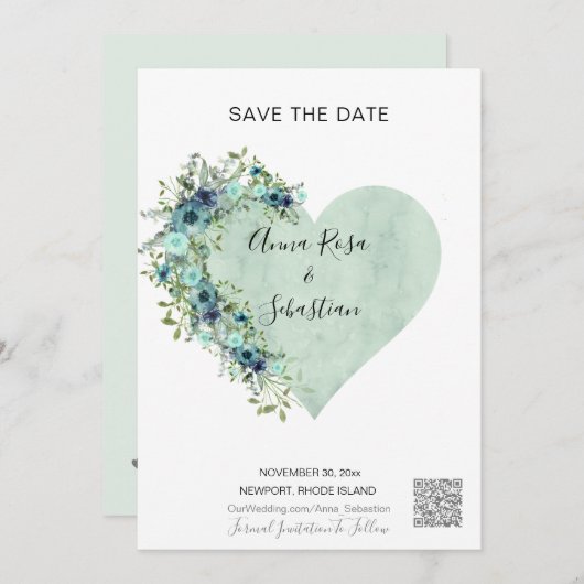 Invitation *~* Heart Floral Aqua AR6 QR MARIAGE ENREGISTRER L (Devant / Derrière)