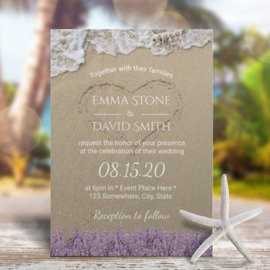 Invitation Heart in the Sand Lavender Floral Beach Wedding