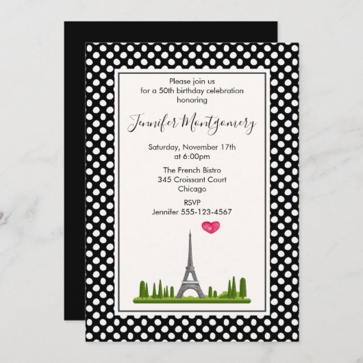 Invitation Heart Paris avec la tour Eiffel Fête d'anniversair (Devant / Derrière)