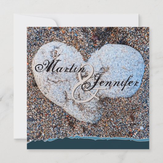 Invitation Heart Stone in Sand Blue Turquoise Beach Wedding (Devant)