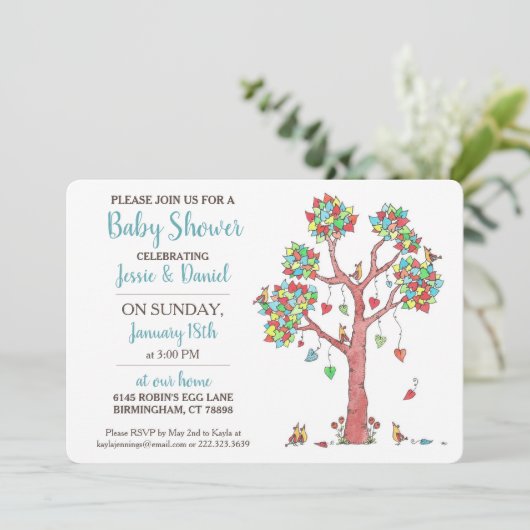 Invitation Heart Tree and Birds Rassembler Baby shower amusan (Debout devant)