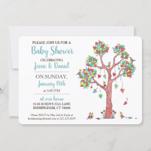 Invitation Heart Tree and Birds Rassembler Baby shower amusan