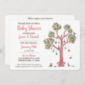 Invitation Heart Tree and Birds Rassembler Baby shower amusan (Devant / Derrière)