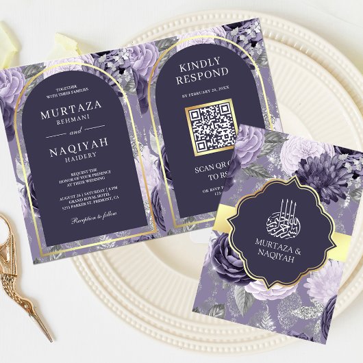 Invitation Heather Purple Floral QR Code Mariage musulman