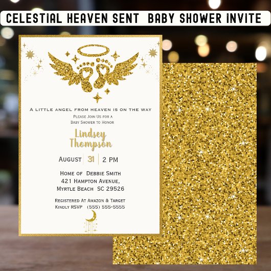 Invitation Heaven Sent Angel Gold Parties scintillant Baby sh