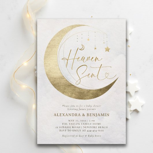 Invitation Heaven Sent Moon Gold White Sky Coed Baby Shower