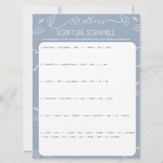 Invitation Heavenly Blue Mother's Scripture Scramble Game (Devant)