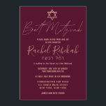 Invitation Hébreu Rose simple or Bourgogne Bat mitzvah rouge<br><div class="desc">Cette invitation Bat mitzvah élégante, minimaliste et chic est le choix idéal pour votre fille lors de sa journée spéciale. Il présente un design simple et moderne de typographie en or faux rose avec l'étoile de David sur un arrière - plan rouge bordeaux. Il affiche également la typographie personnalisée du...</div>