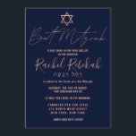 Invitation Hébreu Rose simple or Bourgogne Bat mitzvah rouge<br><div class="desc">Cette invitation Bat mitzvah élégante, minimaliste et chic est le choix idéal pour votre fille lors de sa journée spéciale. Il présente un design simple et moderne de typographie en or faux rose avec l'étoile de David sur un arrière - plan bleu marine. Il affiche également la typographie personnalisée du...</div>
