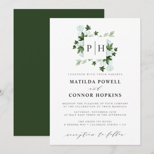 Invitation Hedera Monogram | Ivy Eucalyptus Mariage botanique (Devant / Derrière)